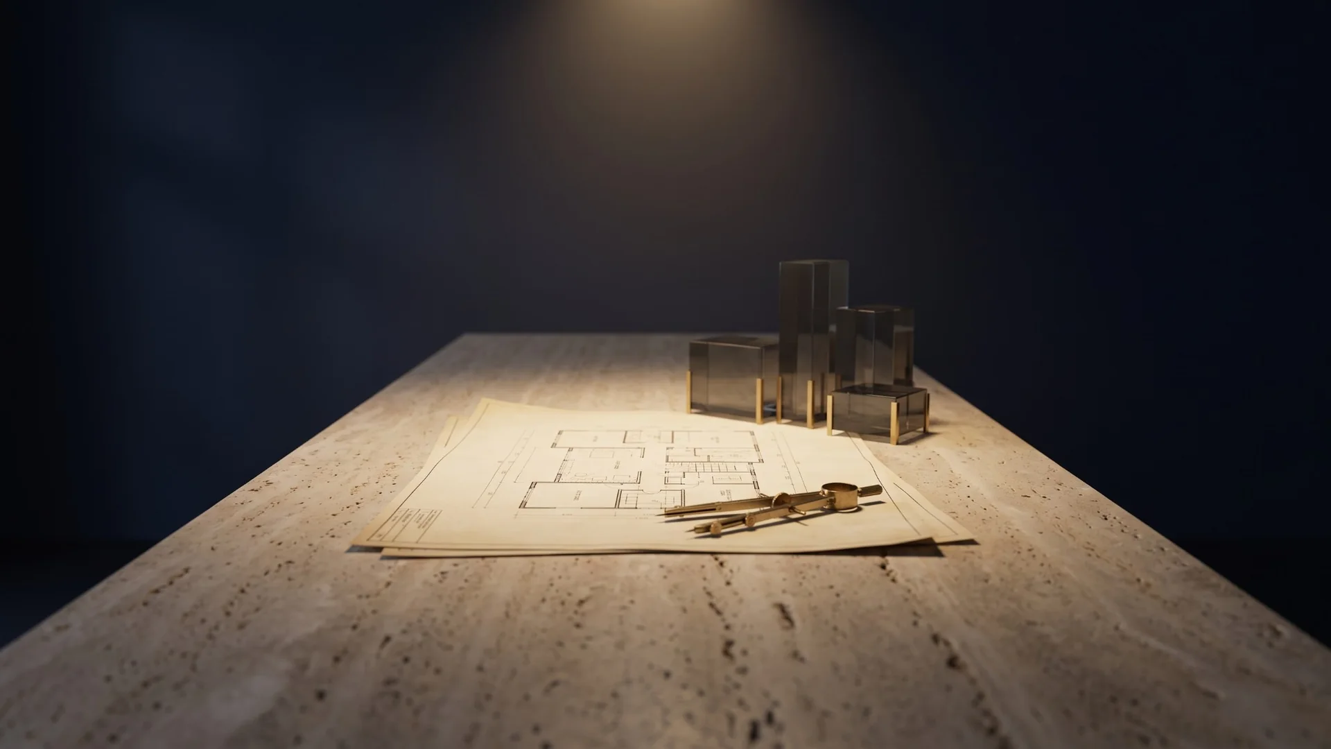 Mesa de travertino con un plano arquitectónico, un compás de latón y bloques de vidrio ahumado bajo una luz cálida.