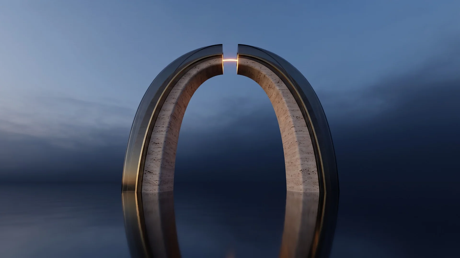 Dos arcos de travertino y vidrio ahumado que casi se tocan sobre el agua, con una línea de luz dorada entre ellos.
