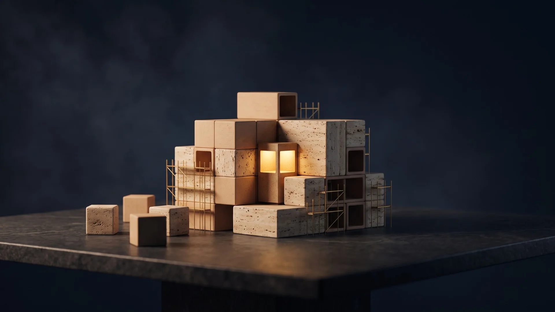 Maqueta de módulos de travertino y cerámica en construcción, con andamios de latón y un núcleo iluminado.