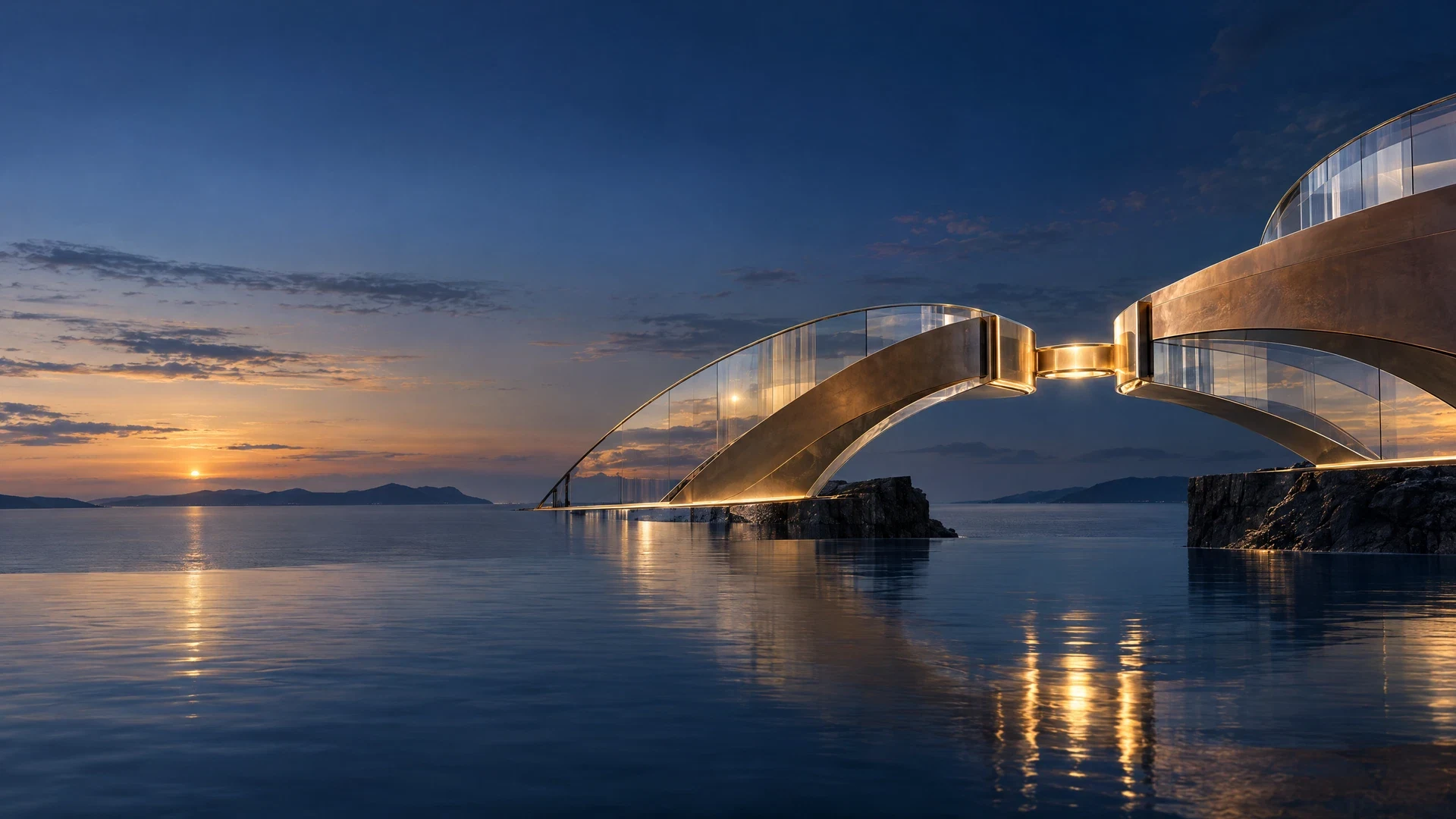Dos estructuras arquitectónicas unidas por una conexión luminosa sobre un horizonte oscuro.