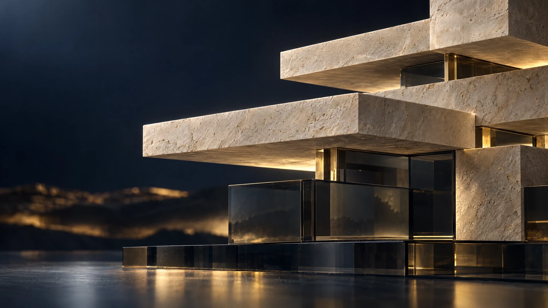 Estructura escultórica de piedra, vidrio y latón que representa una arquitectura de capital.