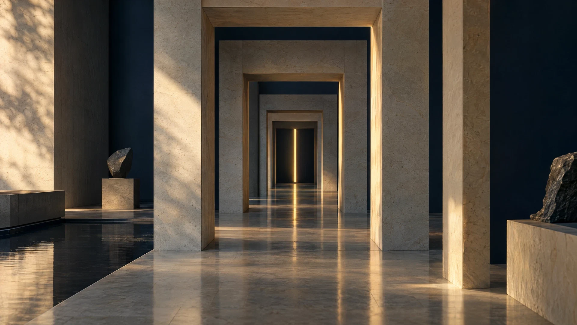 Marcos arquitectónicos de piedra que revelan progresivamente una línea de luz dorada; ilustración conceptual del criterio.
