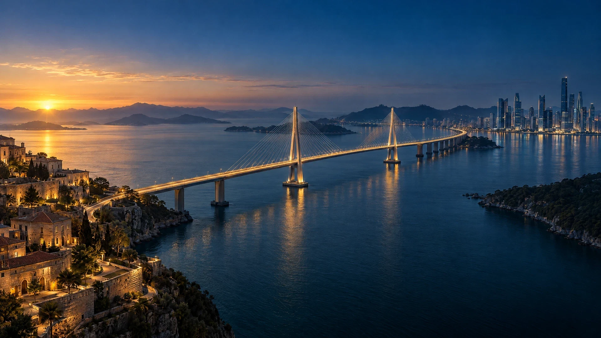 Puente contemporáneo que conecta dos horizontes arquitectónicos sobre una costa al anochecer.